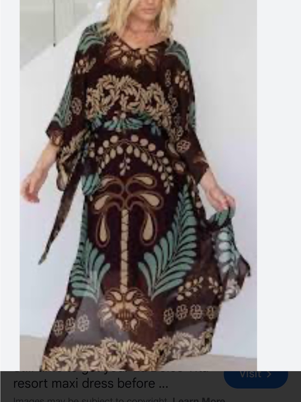 Women’s Semi Sheer Floral V-Neck Beach Coverup Dress - Taupe & Dusty Blue Belt - Picture 2 of 13